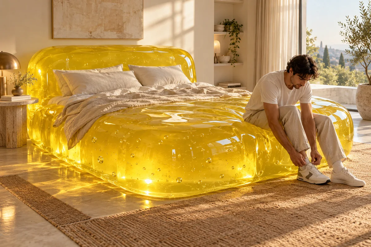 Giant glossy lemon-yellow jelly bed in a warm modern bedroom