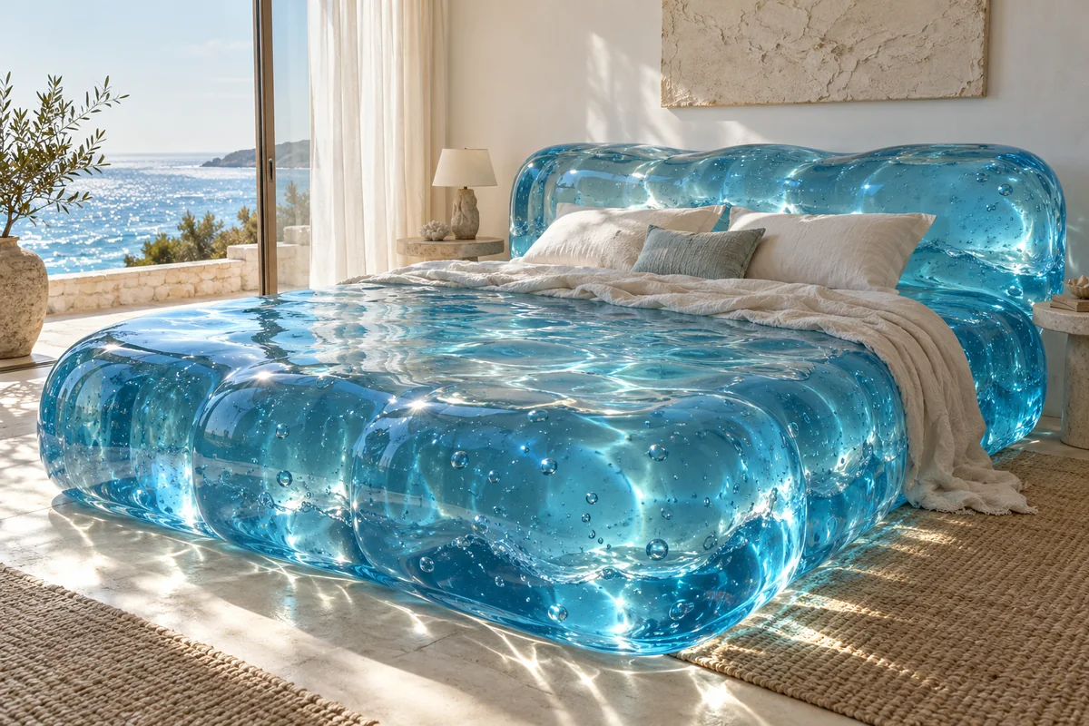 Translucent ocean-blue jelly bed in a white coastal bedroom