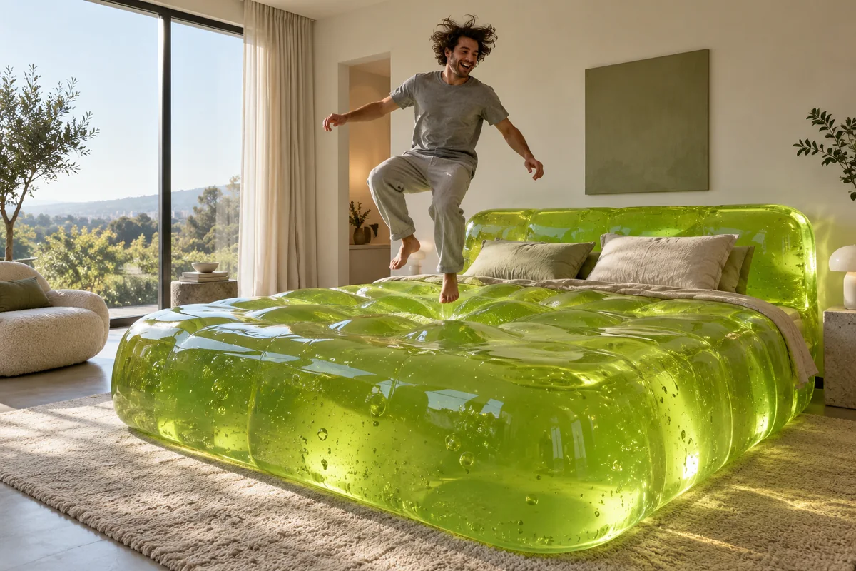 Bright lime-green jelly bed in a minimalist green bedroom