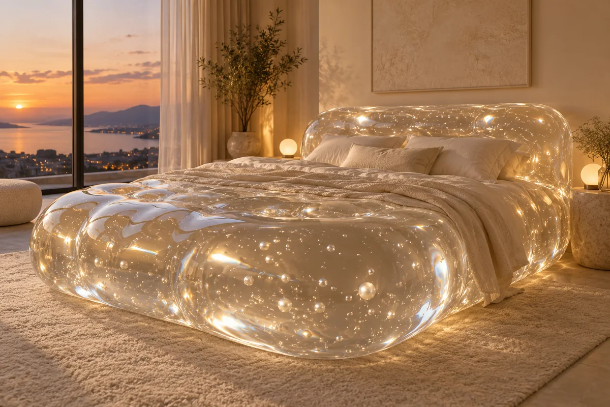 Clear crystal jelly bed filled with tiny pearl bubbles at dusk