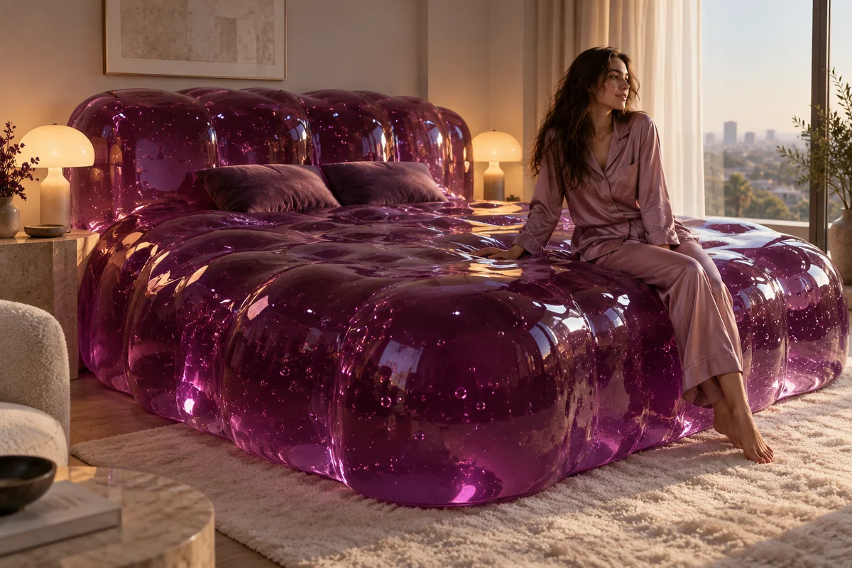Glossy purple grape jelly bed in a moody plum bedroom