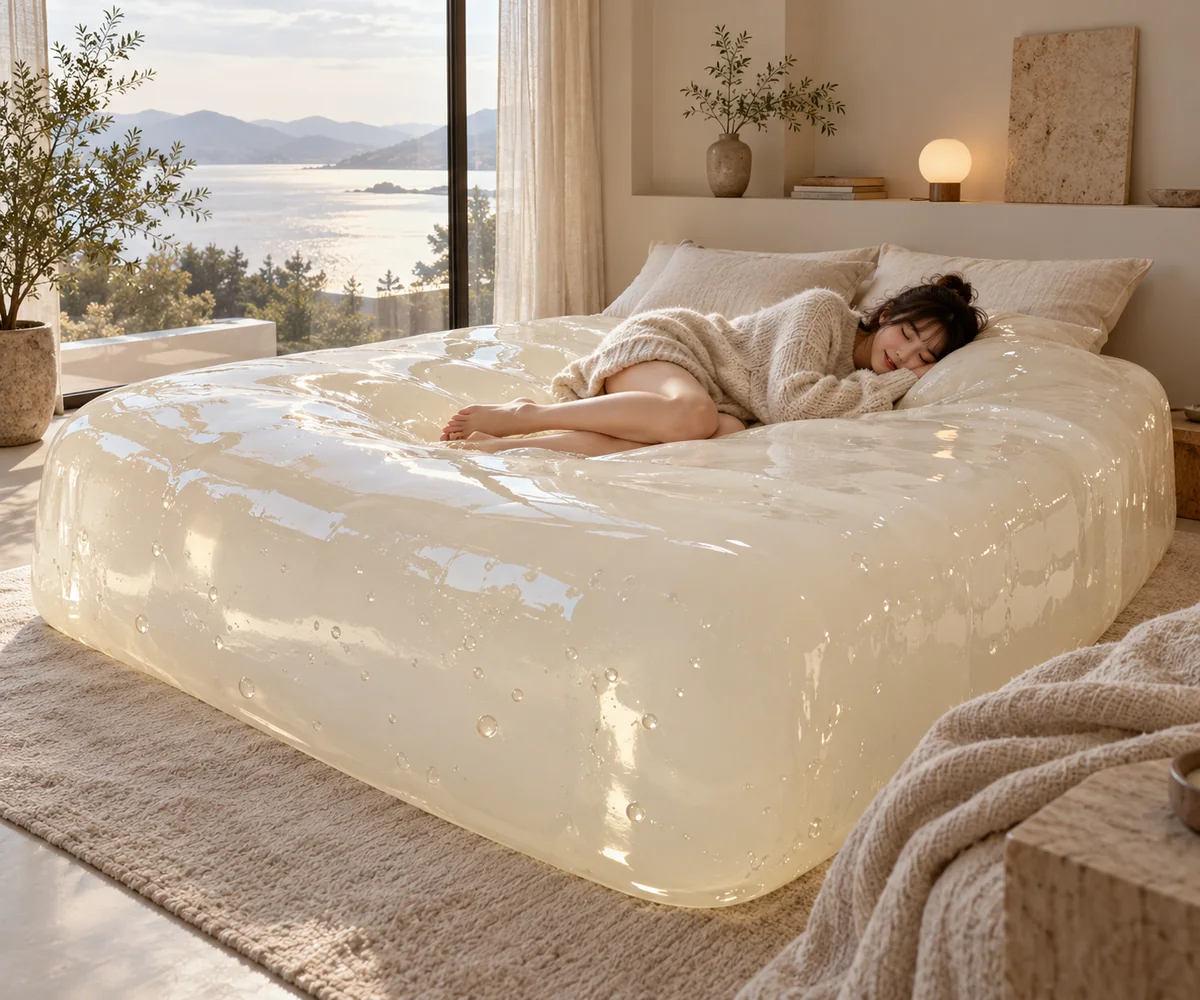 Soft white tofu-style jelly bed in a cozy neutral bedroom
