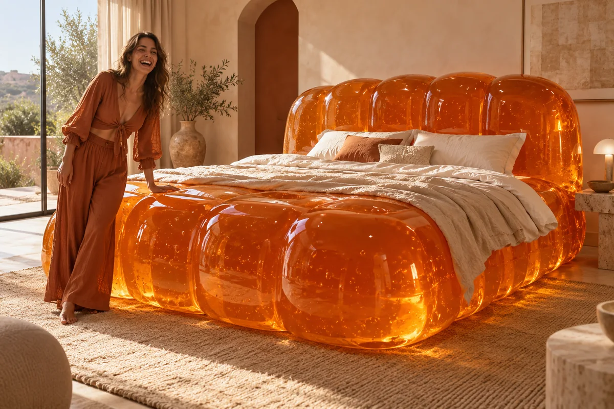 Glossy orange jelly bed in a warm terracotta bedroom