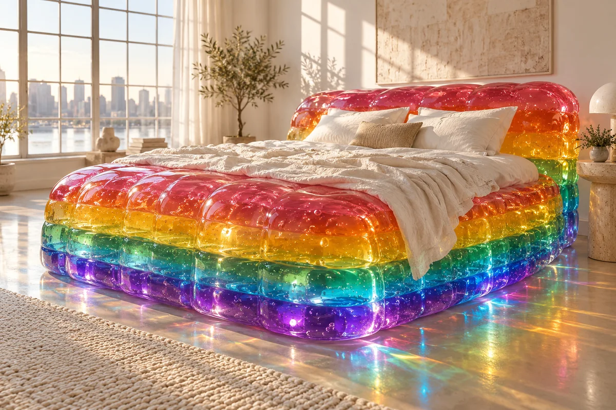 Layered rainbow jelly bed in a bright white loft bedroom